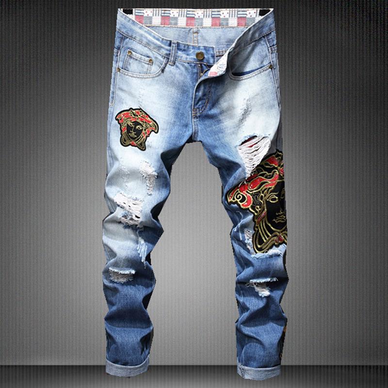 Original design new European and American style fashion man hole jeans Embroidery face blue men's pants
