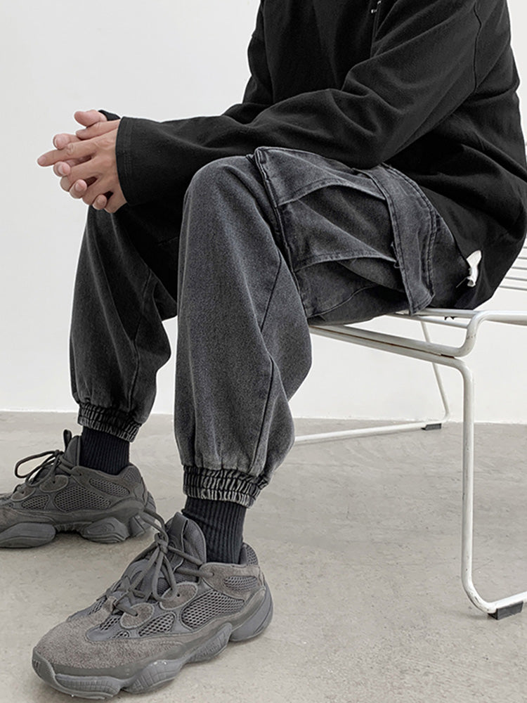 Color: Black, Size: 5XL - Fat Japanese Vintage washed jeans men''s large loose street fashion brand spring and autumn youth overalls Leggings
