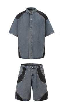 Color: Blue  set, Size: L - Retro Personalized Washed Short-sleeved Jeans Suit