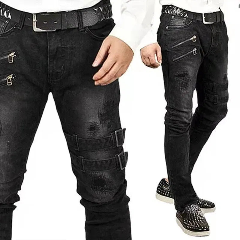 Color: Orange, Size: S, Ships From: CHINA - Men's Punk Hip Hop Black Fashion Jeans Spring summer New Rock Motorcycle Street Wear Tight Casual Denim pants Straight leg pants