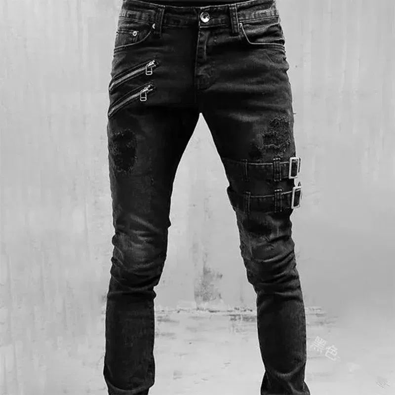 Color: Orange, Size: S, Ships From: CHINA - Men's Punk Hip Hop Black Fashion Jeans Spring summer New Rock Motorcycle Street Wear Tight Casual Denim pants Straight leg pants