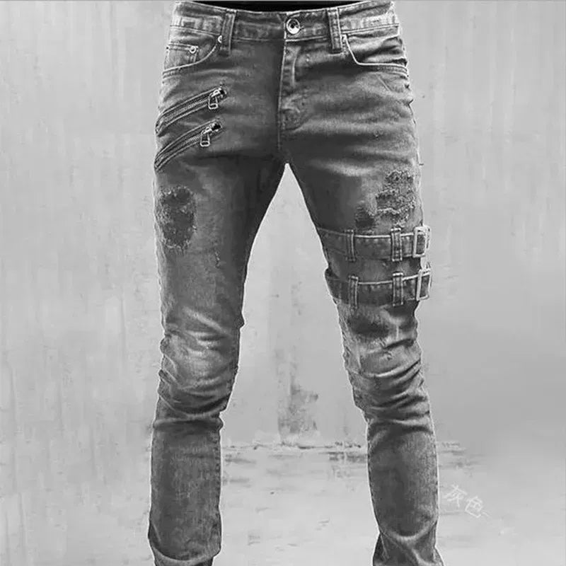 Color: Orange, Size: S, Ships From: CHINA - Men's Punk Hip Hop Black Fashion Jeans Spring summer New Rock Motorcycle Street Wear Tight Casual Denim pants Straight leg pants