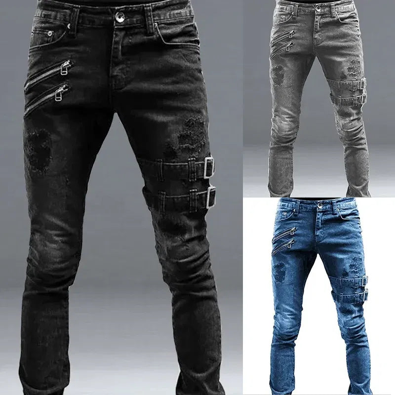 Color: Orange, Size: S, Ships From: CHINA - Men's Punk Hip Hop Black Fashion Jeans Spring summer New Rock Motorcycle Street Wear Tight Casual Denim pants Straight leg pants